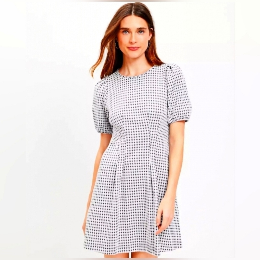 NWT | LOFT | Gingham Puff Sleeve Shift Dress | Size: 6 | Color: Coastal Grey